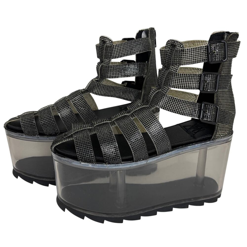 YRU Qloud Odyssey Platform Sandals 7M Black Clear Rhinestone Dolls Kill